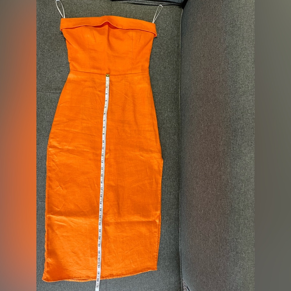 REFORMATION 100% Linen Orange Strapless Marcella Midi Dress w/ Slit 0 - Picture 14 of 15